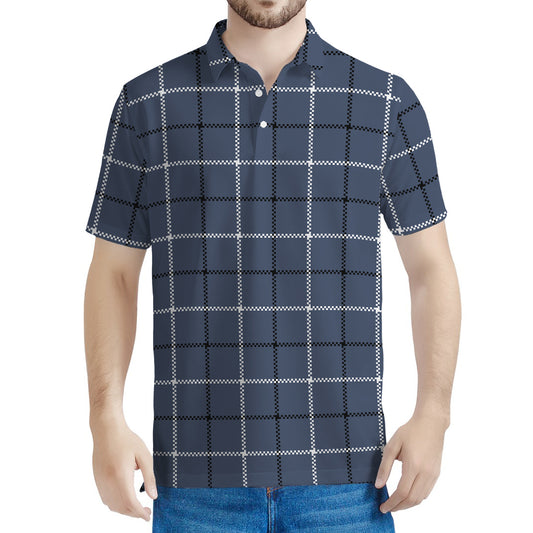 Dark Blue Tattersall Pattern Print Men's Polo Shirt