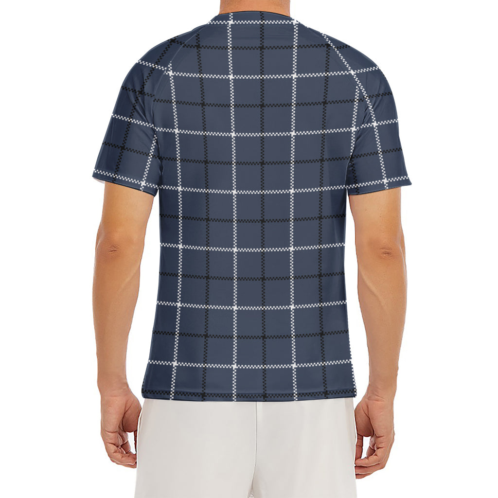 Dark Blue Tattersall Pattern Print Men's Short Sleeve Rash Guard