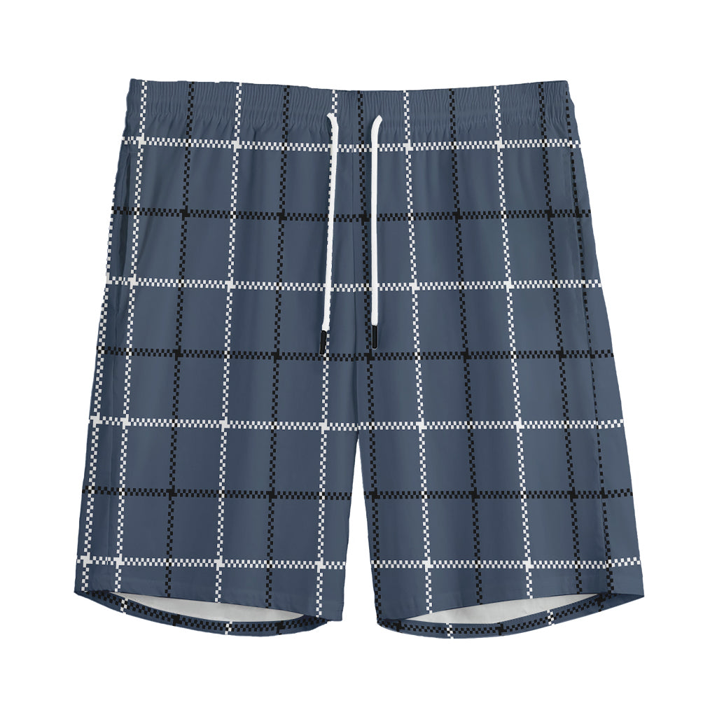 Dark Blue Tattersall Pattern Print Men's Sports Shorts