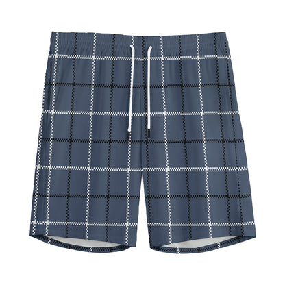 Dark Blue Tattersall Pattern Print Men's Sports Shorts