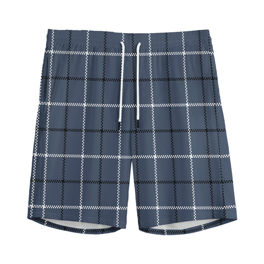 Dark Blue Tattersall Pattern Print Men's Sports Shorts