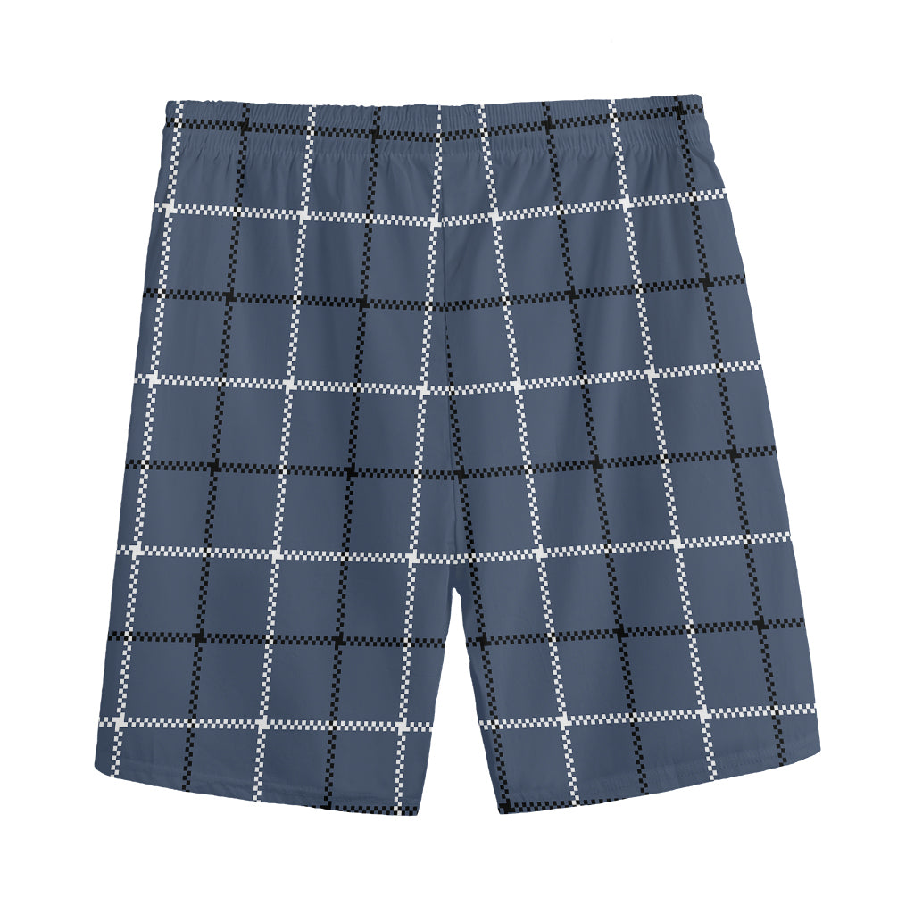 Dark Blue Tattersall Pattern Print Men's Sports Shorts