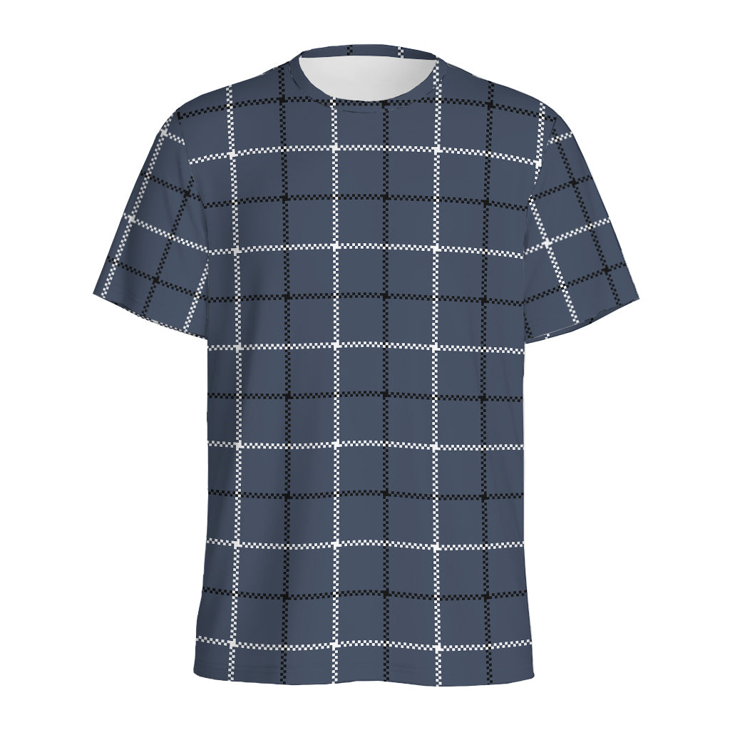 Dark Blue Tattersall Pattern Print Men's Sports T-Shirt