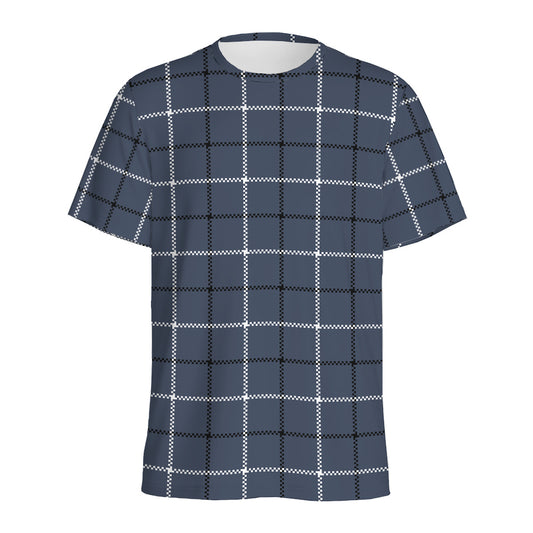 Dark Blue Tattersall Pattern Print Men's Sports T-Shirt