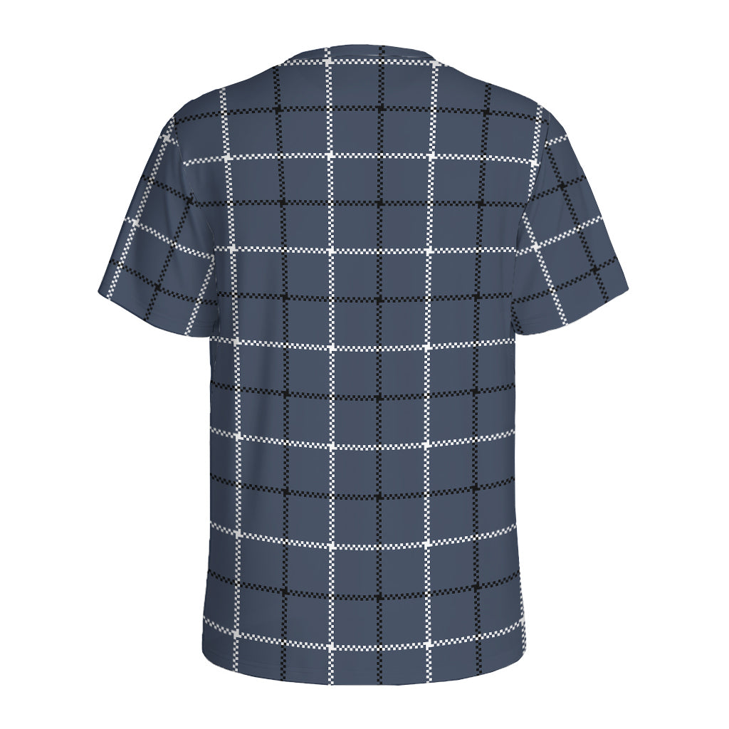 Dark Blue Tattersall Pattern Print Men's Sports T-Shirt