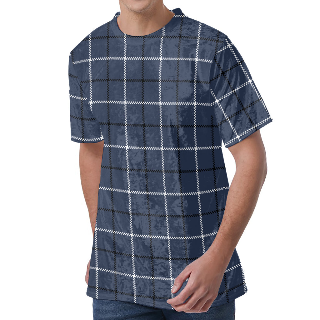 Dark Blue Tattersall Pattern Print Men's Velvet T-Shirt
