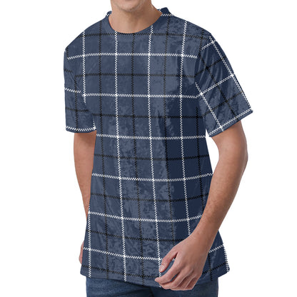 Dark Blue Tattersall Pattern Print Men's Velvet T-Shirt