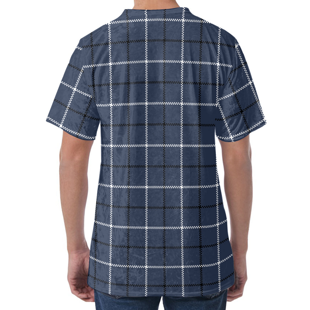 Dark Blue Tattersall Pattern Print Men's Velvet T-Shirt