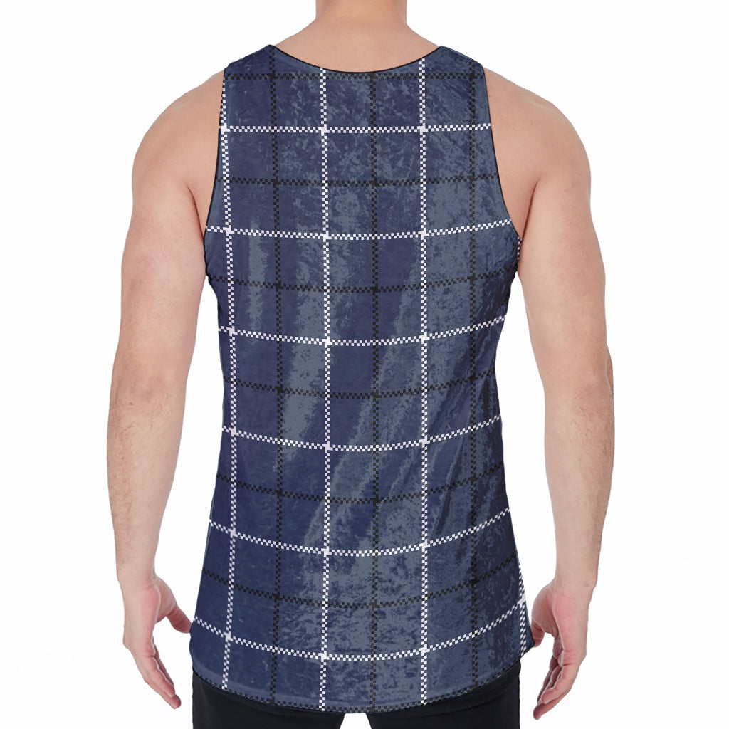 Dark Blue Tattersall Pattern Print Men's Velvet Tank Top