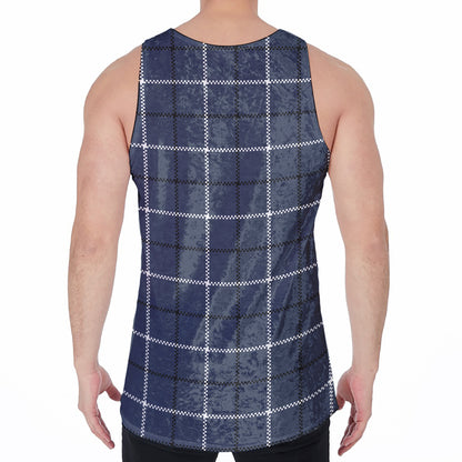 Dark Blue Tattersall Pattern Print Men's Velvet Tank Top