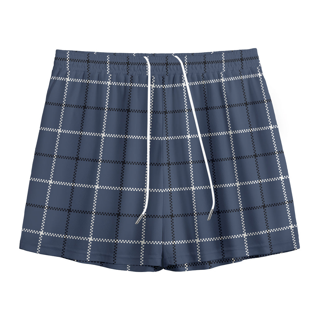 Dark Blue Tattersall Pattern Print Mesh Shorts