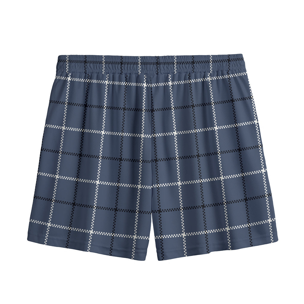 Dark Blue Tattersall Pattern Print Mesh Shorts