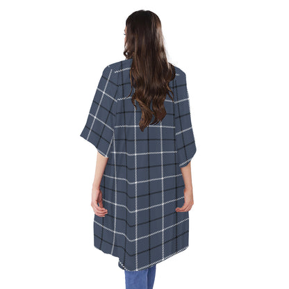 Dark Blue Tattersall Pattern Print Open Front Beach Cover Up