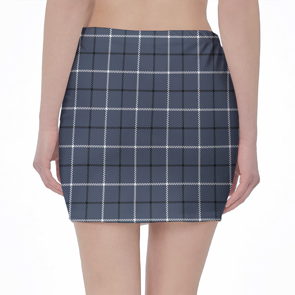 Dark Blue Tattersall Pattern Print Pencil Mini Skirt