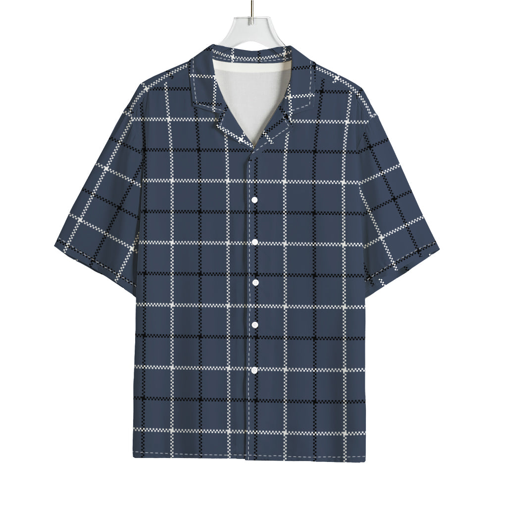 Dark Blue Tattersall Pattern Print Rayon Hawaiian Shirt