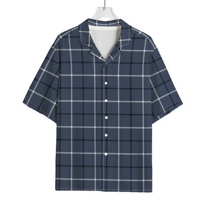 Dark Blue Tattersall Pattern Print Rayon Hawaiian Shirt