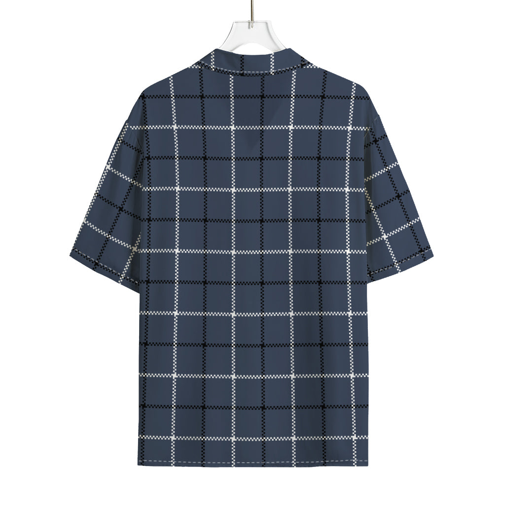 Dark Blue Tattersall Pattern Print Rayon Hawaiian Shirt