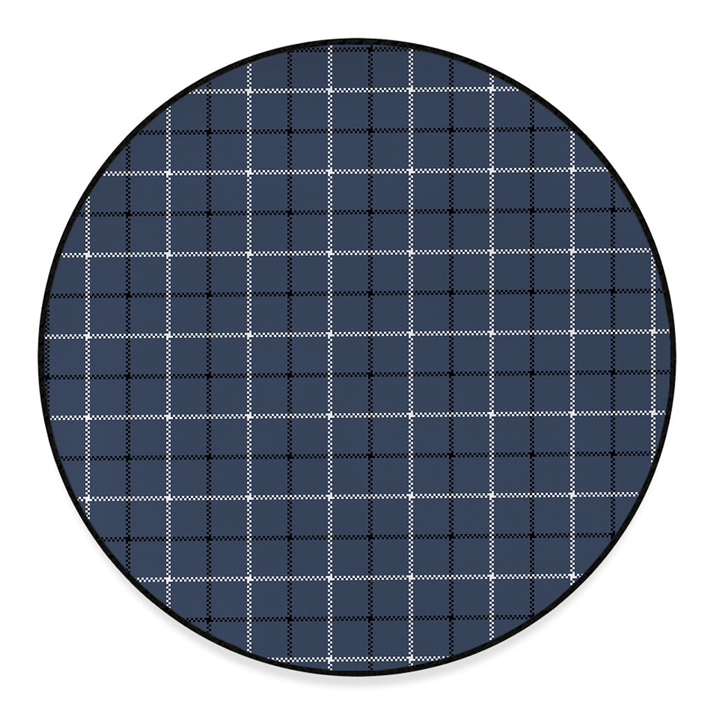 Dark Blue Tattersall Pattern Print Round Floor Mat