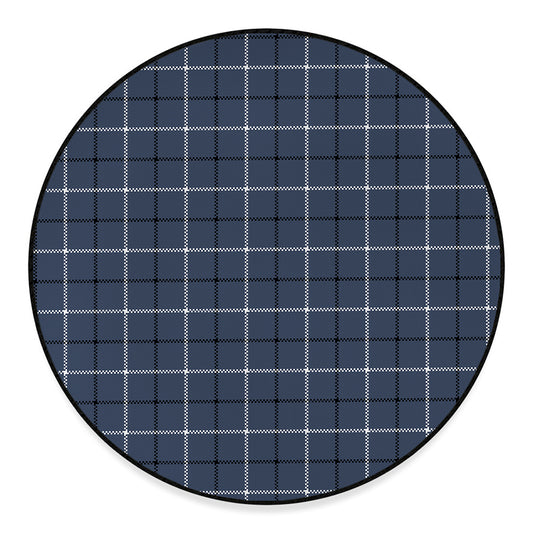 Dark Blue Tattersall Pattern Print Round Floor Mat
