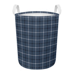 Dark Blue Tattersall Pattern Print Round Laundry Basket