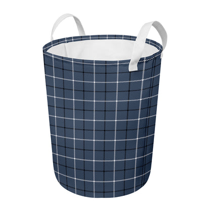 Dark Blue Tattersall Pattern Print Round Laundry Basket