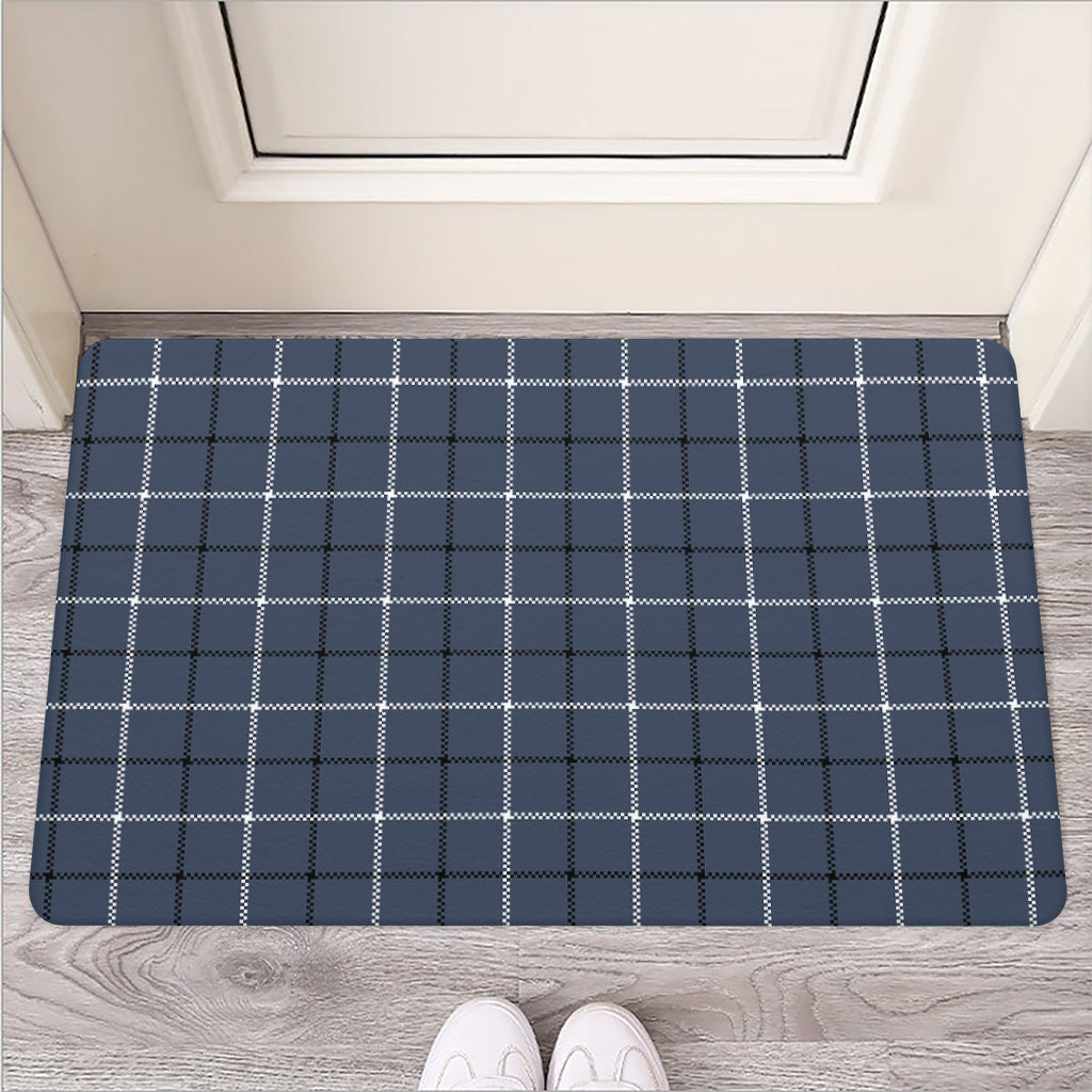Dark Blue Tattersall Pattern Print Rubber Doormat