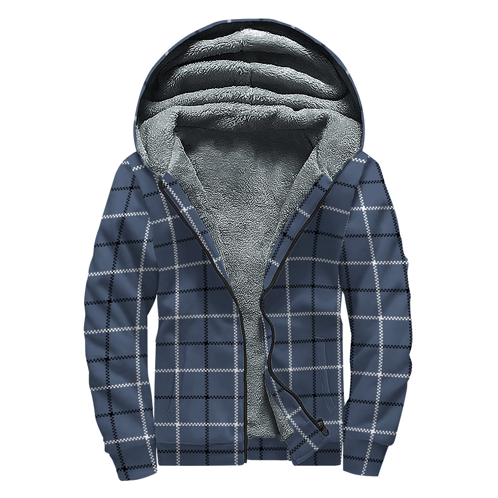 Dark Blue Tattersall Pattern Print Sherpa Lined Zip Up Hoodie