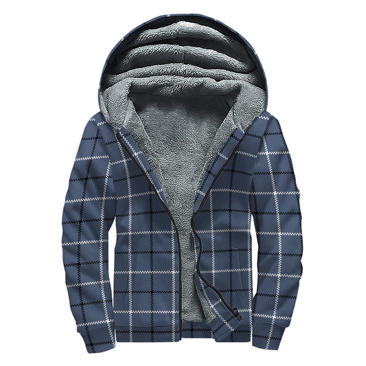 Dark Blue Tattersall Pattern Print Sherpa Lined Zip Up Hoodie