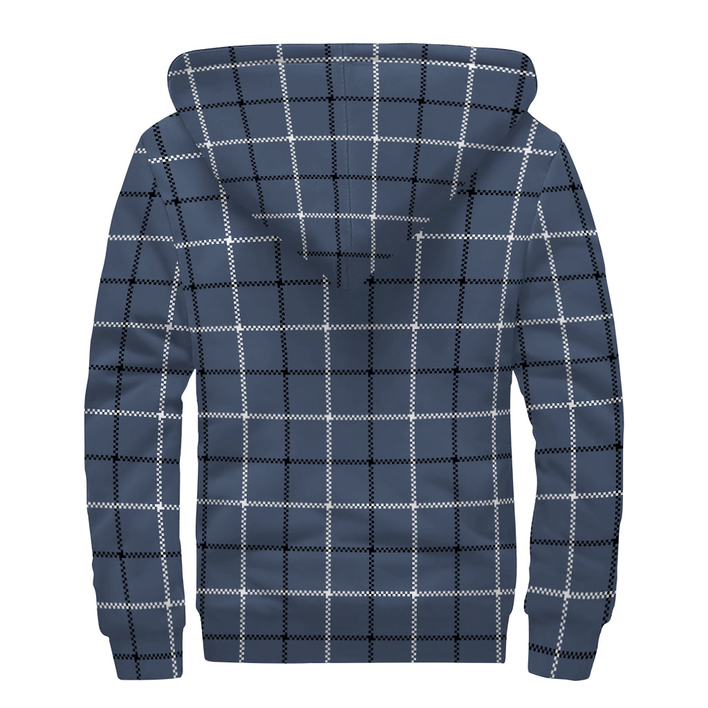 Dark Blue Tattersall Pattern Print Sherpa Lined Zip Up Hoodie