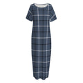 Dark Blue Tattersall Pattern Print Short Sleeve Long Nightdress