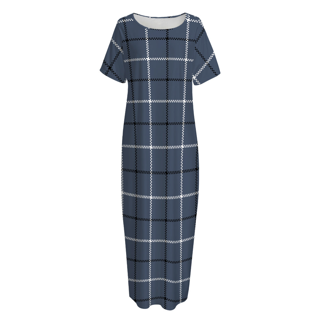 Dark Blue Tattersall Pattern Print Short Sleeve Long Nightdress