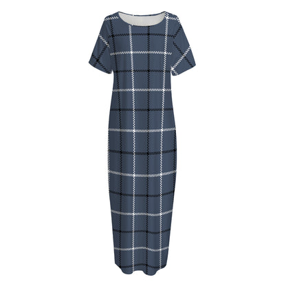 Dark Blue Tattersall Pattern Print Short Sleeve Long Nightdress
