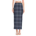 Dark Blue Tattersall Pattern Print Side Slit Maxi Skirt