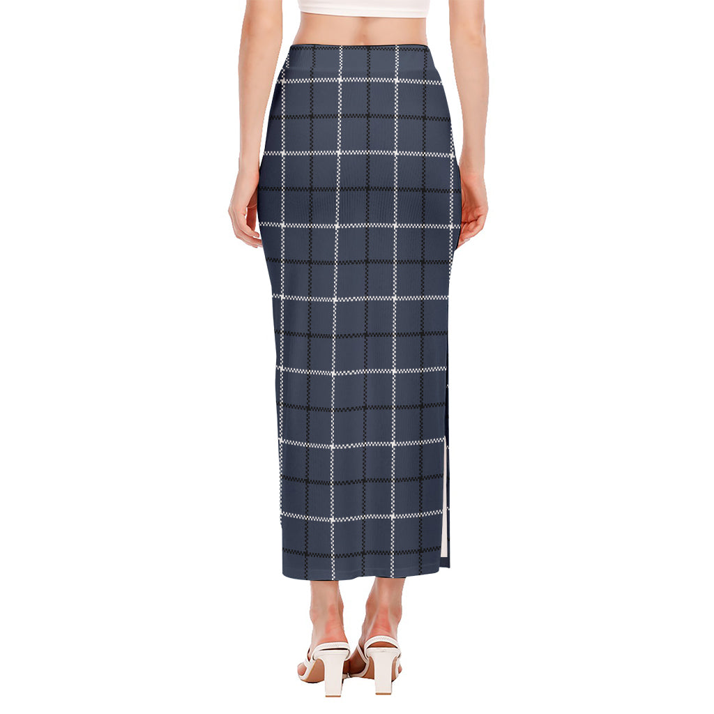 Dark Blue Tattersall Pattern Print Side Slit Maxi Skirt
