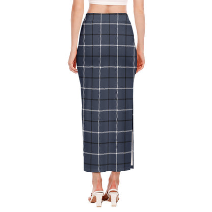 Dark Blue Tattersall Pattern Print Side Slit Maxi Skirt