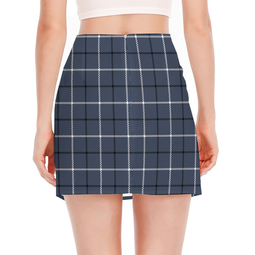 Dark Blue Tattersall Pattern Print Side Slit Mini Skirt