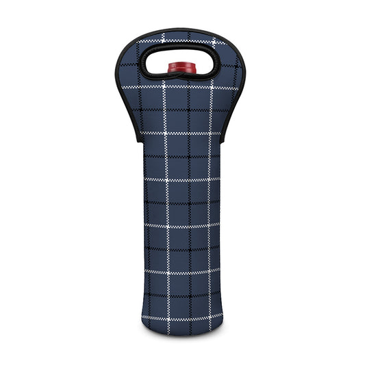 Dark Blue Tattersall Pattern Print Single Neoprene Wine Tote