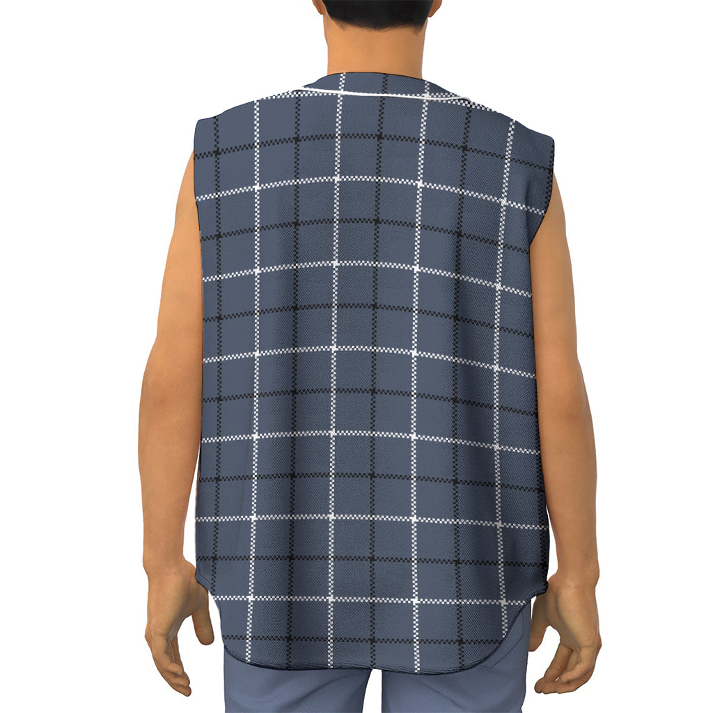 Dark Blue Tattersall Pattern Print Sleeveless Baseball Jersey