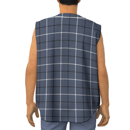 Dark Blue Tattersall Pattern Print Sleeveless Baseball Jersey