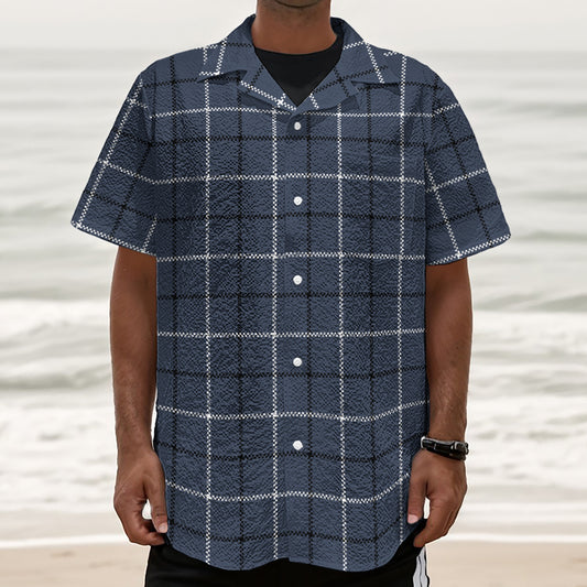 Dark Blue Tattersall Pattern Print Textured Short Sleeve Shirt