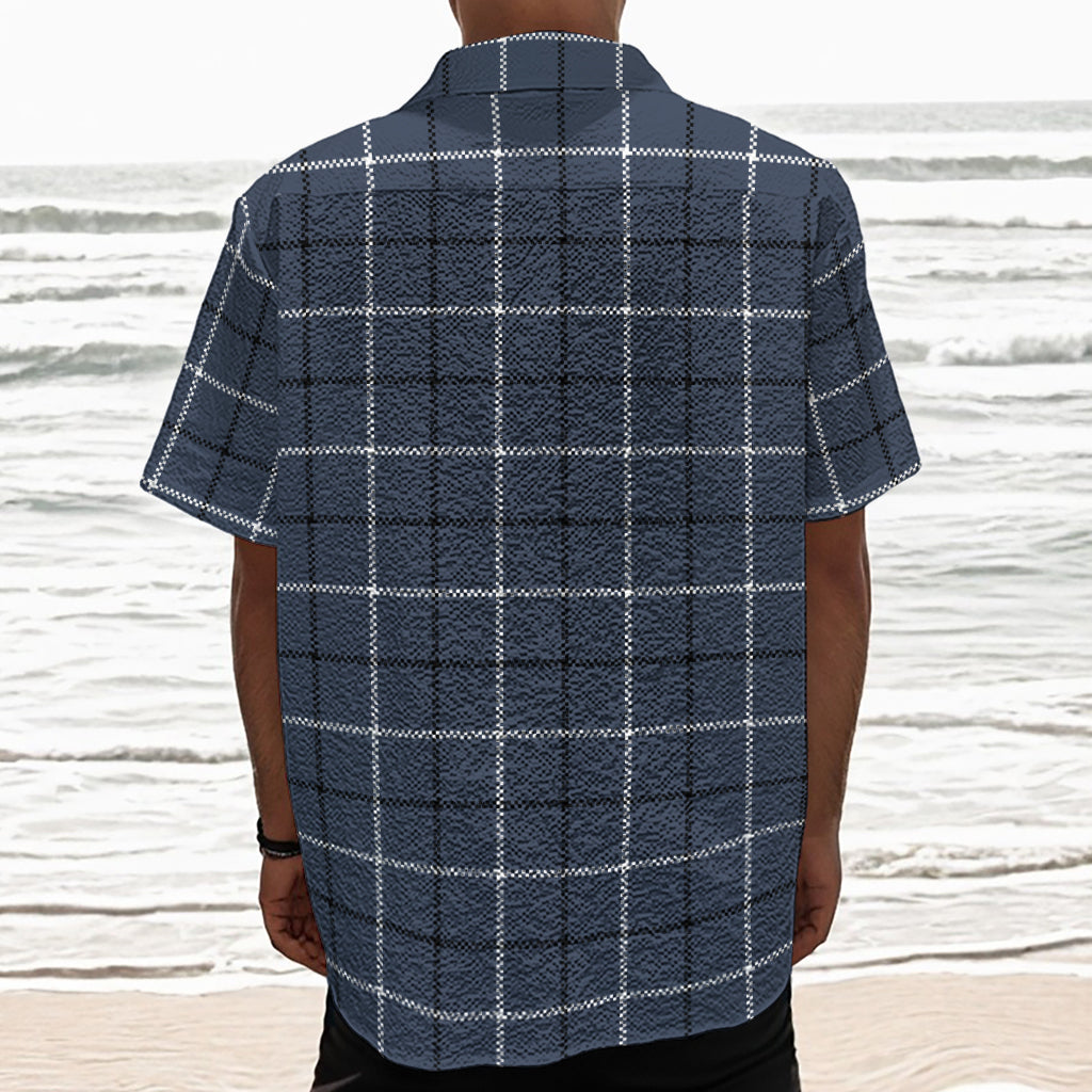 Dark Blue Tattersall Pattern Print Textured Short Sleeve Shirt