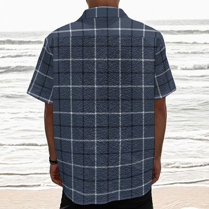 Dark Blue Tattersall Pattern Print Textured Short Sleeve Shirt