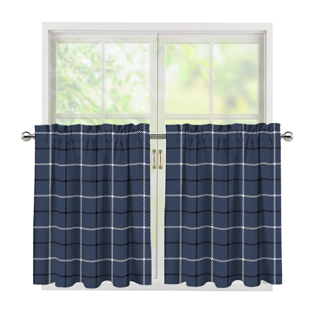 Dark Blue Tattersall Pattern Print Tier Curtains