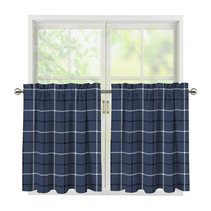 Dark Blue Tattersall Pattern Print Tier Curtains