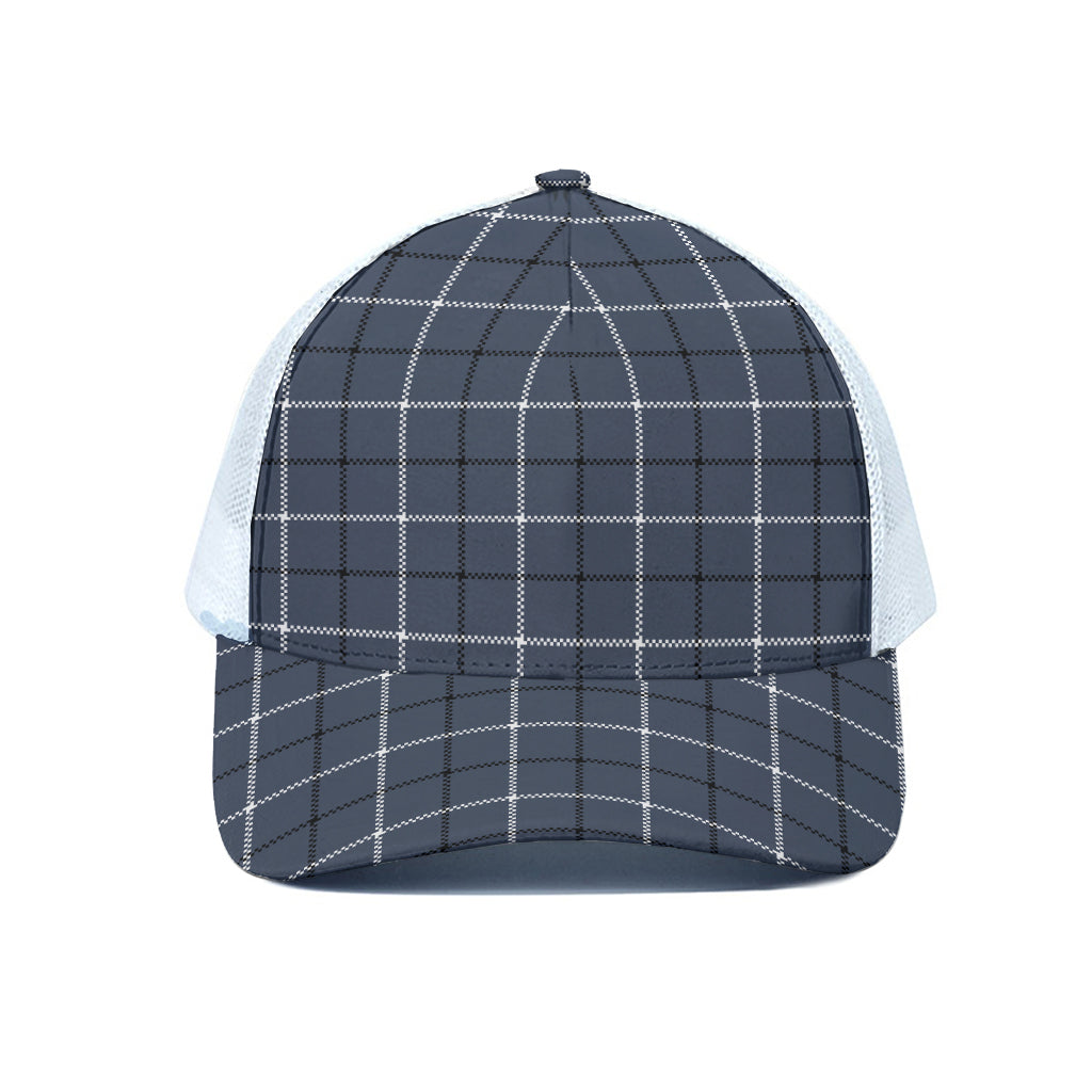 Dark Blue Tattersall Pattern Print White Mesh Trucker Cap