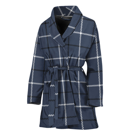 Dark Blue Tattersall Pattern Print Women's Bathrobe