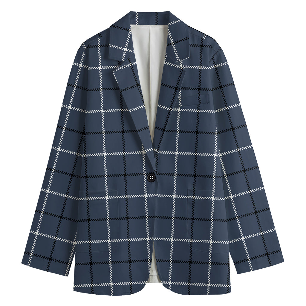 Dark Blue Tattersall Pattern Print Women's Blazer