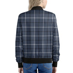 Dark Blue Tattersall Pattern Print Women's Bomber Jacket