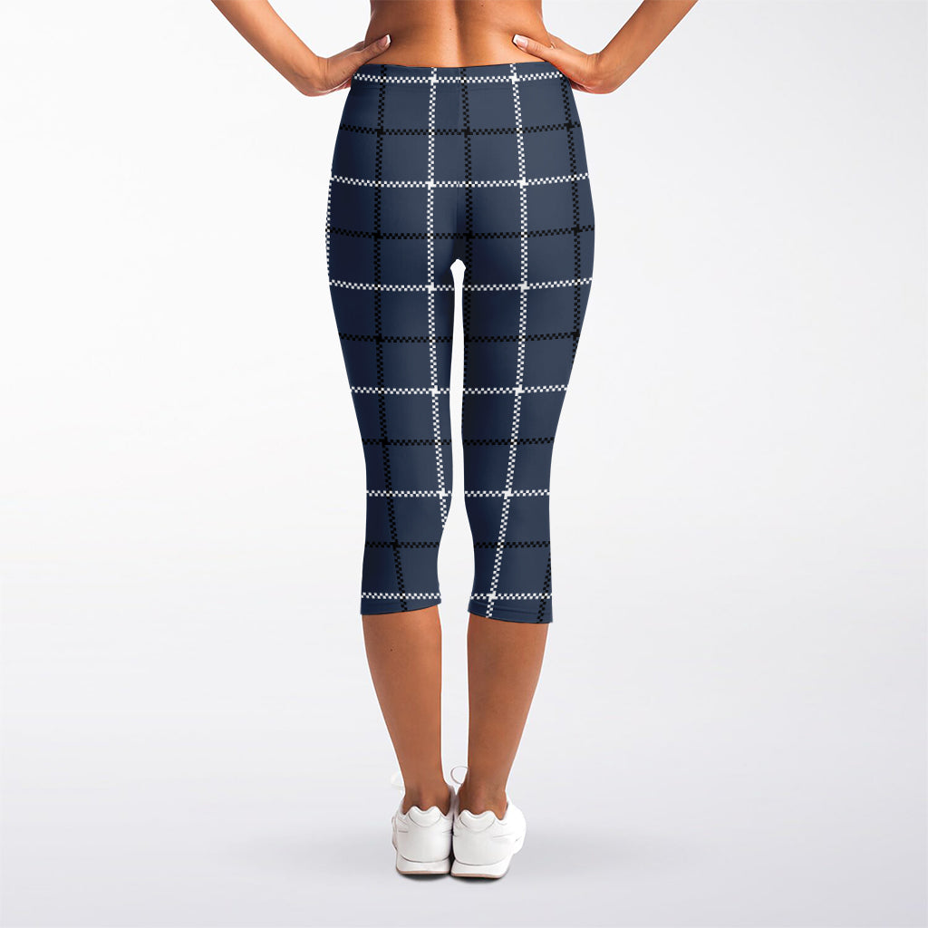 Dark Blue Tattersall Pattern Print Women's Capri Leggings