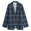 Dark Blue Tattersall Pattern Print Women's Cotton Blazer